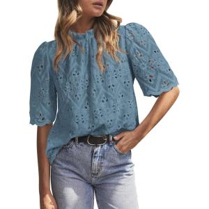 image:imagePRETTYGARDEN Summer Tops for Women 2026 Short Sleeve Embroidered Eyelet Shirts Dressy Casual Blouses Spring Fashion ClothesBlue Grey