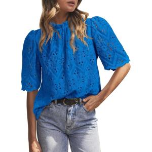 image:imagePRETTYGARDEN Summer Tops for Women 2026 Short Sleeve Embroidered Eyelet Shirts Dressy Casual Blouses Spring Fashion ClothesBrilliant Blue