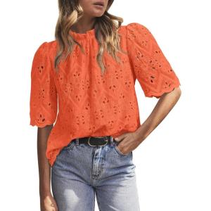 image:imagePRETTYGARDEN Summer Tops for Women 2026 Short Sleeve Embroidered Eyelet Shirts Dressy Casual Blouses Spring Fashion ClothesOrange