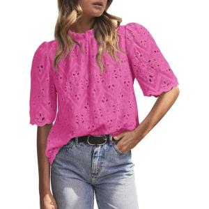 image:imagePRETTYGARDEN Summer Tops for Women 2026 Short Sleeve Embroidered Eyelet Shirts Dressy Casual Blouses Spring Fashion ClothesRose Red