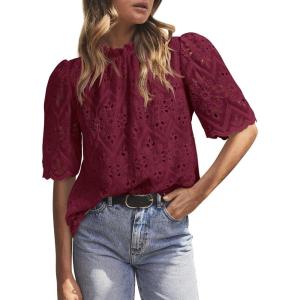 image:imagePRETTYGARDEN Summer Tops for Women 2026 Short Sleeve Embroidered Eyelet Shirts Dressy Casual Blouses Spring Fashion ClothesWine Red