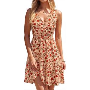 image:imagePRETTYGARDEN Sundresses for Women 2026 Summer Boho Sleeveless Wrap V Neck Floral Mini Dress Beach Vacation Short DressesFloral Apricot Red