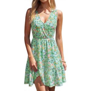 image:imagePRETTYGARDEN Sundresses for Women 2026 Summer Boho Sleeveless Wrap V Neck Floral Mini Dress Beach Vacation Short DressesGreen Floral