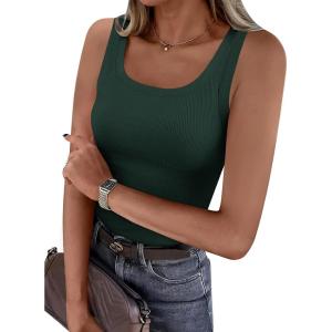 image:imagePRETTYGARDEN Tank Tops for Women 2026 Summer Sleeveless Scoop Neck Ribbed Tops Cute Spring Casual Fitted Basic Cami ShirtsDark Green