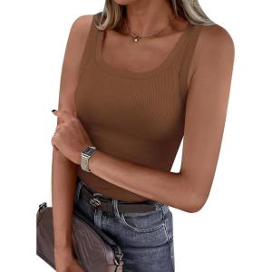 image:imagePRETTYGARDEN Tank Tops for Women 2026 Summer Sleeveless Scoop Neck Ribbed Tops Cute Spring Casual Fitted Basic Cami ShirtsDark Khaki