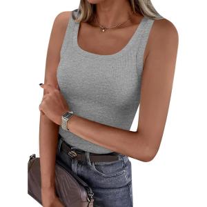 image:imagePRETTYGARDEN Tank Tops for Women 2026 Summer Sleeveless Scoop Neck Ribbed Tops Cute Spring Casual Fitted Basic Cami ShirtsGrey