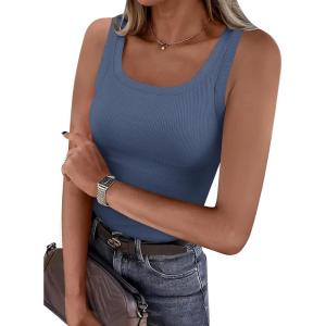 image:imagePRETTYGARDEN Tank Tops for Women 2026 Summer Sleeveless Scoop Neck Ribbed Tops Cute Spring Casual Fitted Basic Cami ShirtsGrey Blue