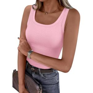 image:imagePRETTYGARDEN Tank Tops for Women 2026 Summer Sleeveless Scoop Neck Ribbed Tops Cute Spring Casual Fitted Basic Cami ShirtsPink