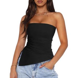 image:imagePRETTYGARDEN Tube Tops for Women Trendy Summer 2026 Spring Fashion Going Out Y2K Clothes Asymmetrical Ruched Strapless ShirtsBlack