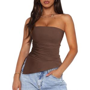image:imagePRETTYGARDEN Tube Tops for Women Trendy Summer 2026 Spring Fashion Going Out Y2K Clothes Asymmetrical Ruched Strapless ShirtsCoffee