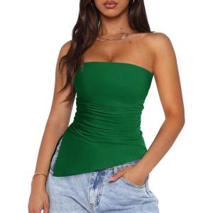 image:imagePRETTYGARDEN Tube Tops for Women Trendy Summer 2026 Spring Fashion Going Out Y2K Clothes Asymmetrical Ruched Strapless ShirtsGreen