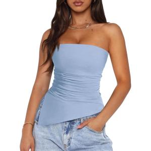 image:imagePRETTYGARDEN Tube Tops for Women Trendy Summer 2026 Spring Fashion Going Out Y2K Clothes Asymmetrical Ruched Strapless ShirtsLight Blue