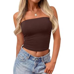 image:imagePRETTYGARDEN Women Tube Tops Strapless Going Out Top 2026 Spring Fashion Y2K Summer Bandeau Shirt Beach Vacation ClothesBrown