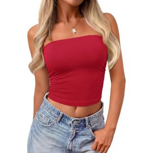 image:imagePRETTYGARDEN Women Tube Tops Strapless Going Out Top 2026 Spring Fashion Y2K Summer Bandeau Shirt Beach Vacation ClothesRed