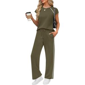 image:imagePRETTYGARDEN Womens 2 Piece Lounge Sets 2026 Summer Cap Sleeve Tops Wide Leg Pants Travel Outfits Matching Fashion ClothingArmy Green