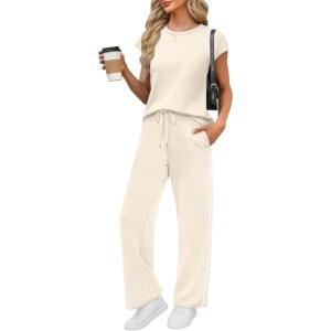 image:imagePRETTYGARDEN Womens 2 Piece Lounge Sets 2026 Summer Cap Sleeve Tops Wide Leg Pants Travel Outfits Matching Fashion ClothingBeige