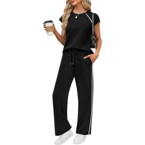 image:imagePRETTYGARDEN Womens 2 Piece Lounge Sets 2026 Summer Cap Sleeve Tops Wide Leg Pants Travel Outfits Matching Fashion ClothingBlack