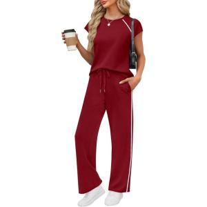 image:imagePRETTYGARDEN Womens 2 Piece Lounge Sets 2026 Summer Cap Sleeve Tops Wide Leg Pants Travel Outfits Matching Fashion ClothingBurgundy