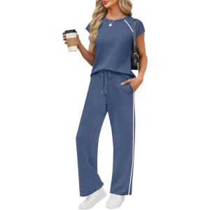 image:imagePRETTYGARDEN Womens 2 Piece Lounge Sets 2026 Summer Cap Sleeve Tops Wide Leg Pants Travel Outfits Matching Fashion ClothingDusty Blue