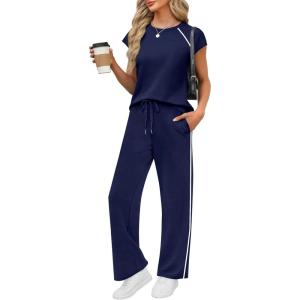 image:imagePRETTYGARDEN Womens 2 Piece Lounge Sets 2026 Summer Cap Sleeve Tops Wide Leg Pants Travel Outfits Matching Fashion ClothingNavy Blue