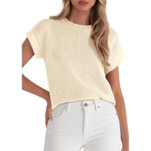 image:imagePRETTYGARDEN Womens 2026 Spring Fashion Sweater Vest Business Casual Crochet Tops Cap Sleeve Knit Shirt Beach Summer OutfitsBeige