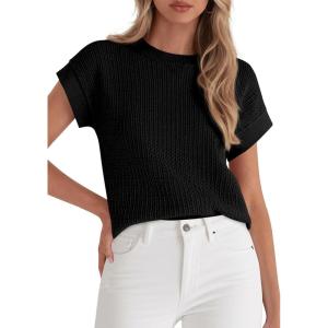 image:imagePRETTYGARDEN Womens 2026 Spring Fashion Sweater Vest Business Casual Crochet Tops Cap Sleeve Knit Shirt Beach Summer OutfitsBlack