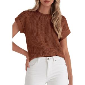image:imagePRETTYGARDEN Womens 2026 Spring Fashion Sweater Vest Business Casual Crochet Tops Cap Sleeve Knit Shirt Beach Summer OutfitsBrown
