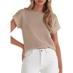 image:imagePRETTYGARDEN Womens 2026 Spring Fashion Sweater Vest Business Casual Crochet Tops Cap Sleeve Knit Shirt Beach Summer OutfitsKhaki