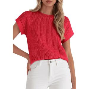 image:imagePRETTYGARDEN Womens 2026 Spring Fashion Sweater Vest Business Casual Crochet Tops Cap Sleeve Knit Shirt Beach Summer OutfitsRed