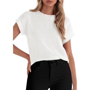 image:imagePRETTYGARDEN Womens 2026 Spring Fashion Sweater Vest Business Casual Crochet Tops Cap Sleeve Knit Shirt Beach Summer OutfitsWhite