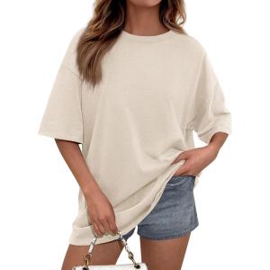 image:imagePRETTYGARDEN Womens 2026 Spring Going Out Tops Casual Short Sleeve Crewneck Loose Fit Basic Oversized T Shirts Summer OutfitsBeige