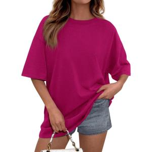 image:imagePRETTYGARDEN Womens 2026 Spring Going Out Tops Casual Short Sleeve Crewneck Loose Fit Basic Oversized T Shirts Summer OutfitsRose Red