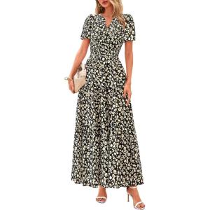 image:imagePRETTYGARDEN Womens 2026 Summer Boho Maxi Dresses Floral Short Sleeve V Neck A Line Tiered Flowy Long Beach Vacation DressBlack