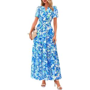 image:imagePRETTYGARDEN Womens 2026 Summer Boho Maxi Dresses Floral Short Sleeve V Neck A Line Tiered Flowy Long Beach Vacation DressFloral Blue