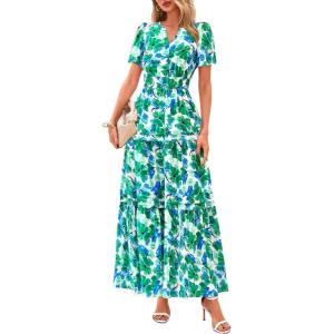 image:imagePRETTYGARDEN Womens 2026 Summer Boho Maxi Dresses Floral Short Sleeve V Neck A Line Tiered Flowy Long Beach Vacation DressFloral Green