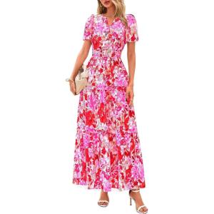 image:imagePRETTYGARDEN Womens 2026 Summer Boho Maxi Dresses Floral Short Sleeve V Neck A Line Tiered Flowy Long Beach Vacation DressFloral Rose Red
