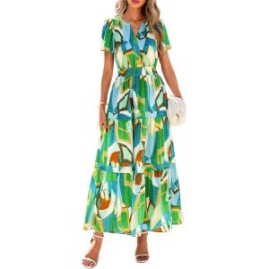 image:imagePRETTYGARDEN Womens 2026 Summer Boho Maxi Dresses Floral Short Sleeve V Neck A Line Tiered Flowy Long Beach Vacation DressGreen