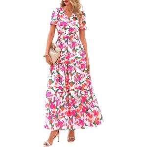 image:imagePRETTYGARDEN Womens 2026 Summer Boho Maxi Dresses Floral Short Sleeve V Neck A Line Tiered Flowy Long Beach Vacation DressGreen Pink Floral