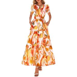 image:imagePRETTYGARDEN Womens 2026 Summer Boho Maxi Dresses Floral Short Sleeve V Neck A Line Tiered Flowy Long Beach Vacation DressPink Watercolour