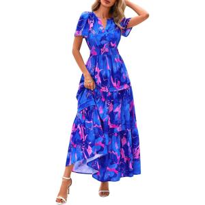 image:imagePRETTYGARDEN Womens 2026 Summer Boho Maxi Dresses Floral Short Sleeve V Neck A Line Tiered Flowy Long Beach Vacation DressRoyal Blue