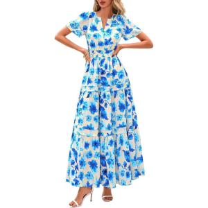 image:imagePRETTYGARDEN Womens 2026 Summer Boho Maxi Dresses Floral Short Sleeve V Neck A Line Tiered Flowy Long Beach Vacation DressWhite Blue Floral