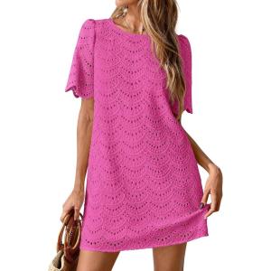 image:imagePRETTYGARDEN Womens 2026 Summer Casual Short Dresses Embroidered Lace Short Sleeve Boho Mini Dress Beach Vacation ClothesRose Red