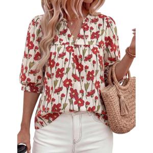 image:imagePRETTYGARDEN Womens 2026 Summer Floral Blouses Dressy Casual Half Sleeve V Neck Going Out Boho Tops Spring Fashion ClothingFloral Apricot Red