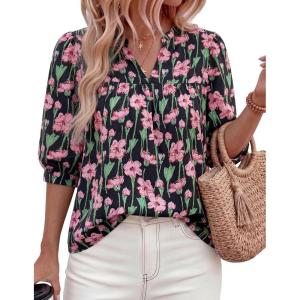 image:imagePRETTYGARDEN Womens 2026 Summer Floral Blouses Dressy Casual Half Sleeve V Neck Going Out Boho Tops Spring Fashion ClothingFloral Black Pink