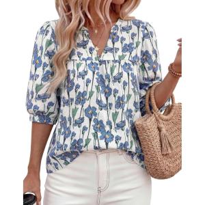 image:imagePRETTYGARDEN Womens 2026 Summer Floral Blouses Dressy Casual Half Sleeve V Neck Going Out Boho Tops Spring Fashion ClothingFloral White Blue