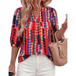 image:imagePRETTYGARDEN Womens 2026 Summer Floral Blouses Dressy Casual Half Sleeve V Neck Going Out Boho Tops Spring Fashion ClothingMulticolored