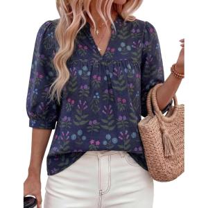image:imagePRETTYGARDEN Womens 2026 Summer Floral Blouses Dressy Casual Half Sleeve V Neck Going Out Boho Tops Spring Fashion ClothingNavy Blue