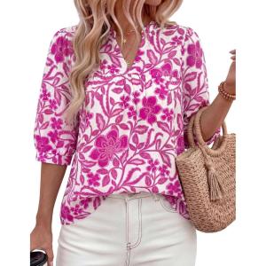 image:imagePRETTYGARDEN Womens 2026 Summer Floral Blouses Dressy Casual Half Sleeve V Neck Going Out Boho Tops Spring Fashion ClothingRose Red