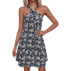 image:imagePRETTYGARDEN Womens 2026 Summer Halter Mini Dress Sleeveless Boho Floral Short Sundress Casual Flowy Beach DressesDark Blue Floral