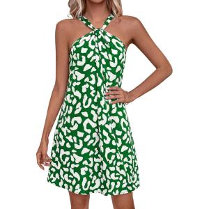 image:imagePRETTYGARDEN Womens 2026 Summer Halter Mini Dress Sleeveless Boho Floral Short Sundress Casual Flowy Beach DressesGreen Leopard
